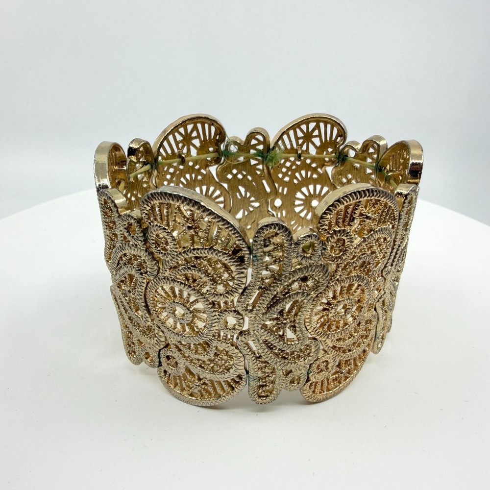 Gold Tone Filigree Stretch Bracelet Statement Cuff Boho Festival Layering Gift